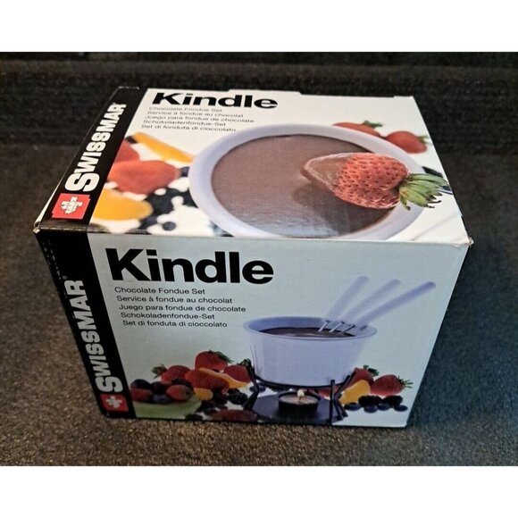 NIB Fondue Set Swissmar Kindle 6 Pc Forks White Ceramic Bowl Black Metal Stand - Picture 1 of 8